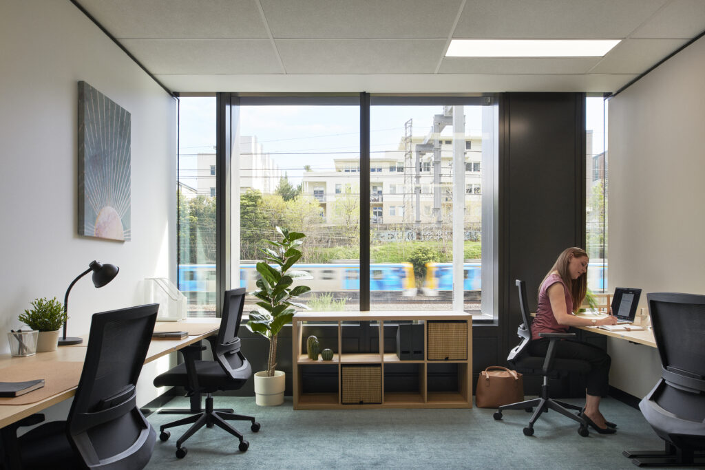 Black Iron Office Task Chairs and Standard Straight Desk on White Oak Top for Waterman South Yarra Coworking Space supplied Coworking Solutions