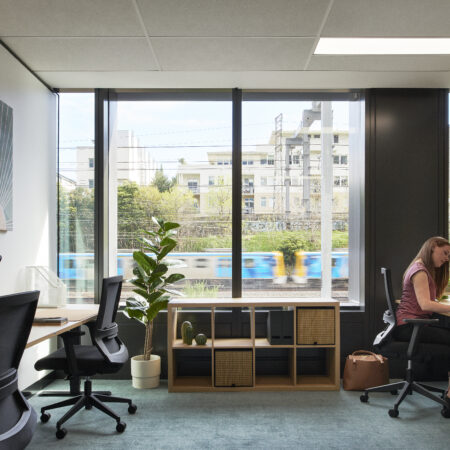 Black Iron Office Task Chairs and Standard Straight Desk on White Oak Top for Waterman South Yarra Coworking Space supplied Coworking Solutions